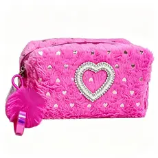 Necessaire para Cosméticos Pelúcia Macia com Pompom e Strass
