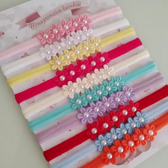 Kit 10 Faixinhas meia de seda Flores para Bebê - Tiarinha Maternidade Recém nascida
