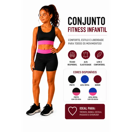 Conjunto Fitness Feminino Infantil Top Cropped E Short Educação Física