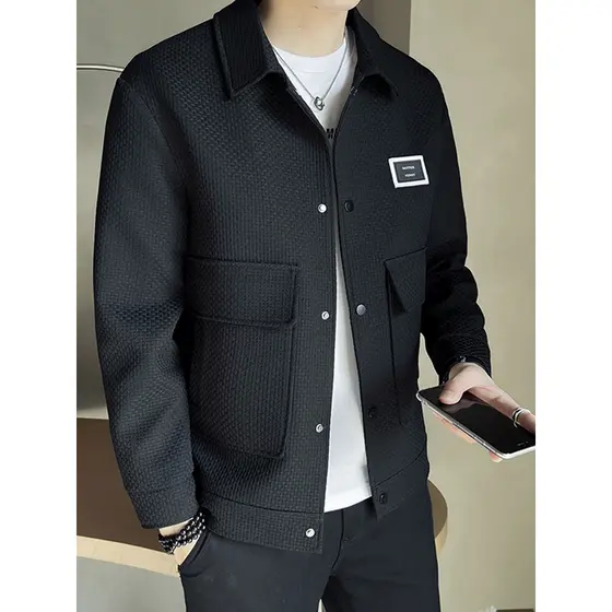 Jaqueta Waffle masculina primavera outono na moda novo estilo lapela jaqueta High-End preto Casual jaqueta masculina top
