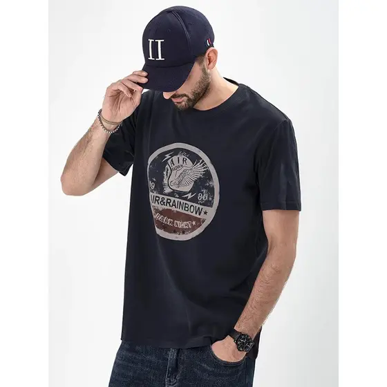 Americano Retro impresso de manga curta camiseta masculina verão solto meia manga puro algodão camiseta em torno do pesc