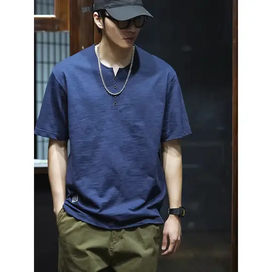 Americano Retro de manga curta camiseta masculina solta na moda algodão linho Slub algodão em torno do pescoço topo verã