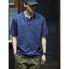 Americano Retro de manga curta camiseta masculina solta na moda algodão linho Slub algodão em torno do pescoço topo verã