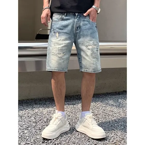 Americano rasgado riscado bordado Denim Shorts calças cortadas masculinas 2025 verão estilo fino Street Wear solto em li