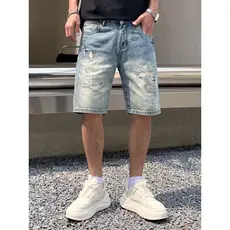 Americano rasgado riscado bordado Denim Shorts calças cortadas masculinas 2025 verão estilo fino Street Wear solto em li
