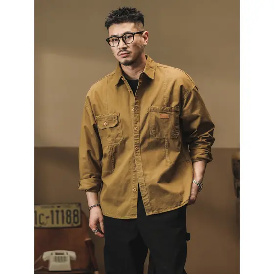 Americano Retro outono Workwear camisa masculina de manga comprida camisa solta cara resistente caça jaqueta masculina p