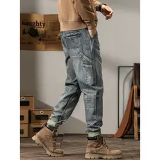 Americano casual Jeans masculino Retro solto em linha reta primavera outono novo estilo macacão masculino perna larga ca