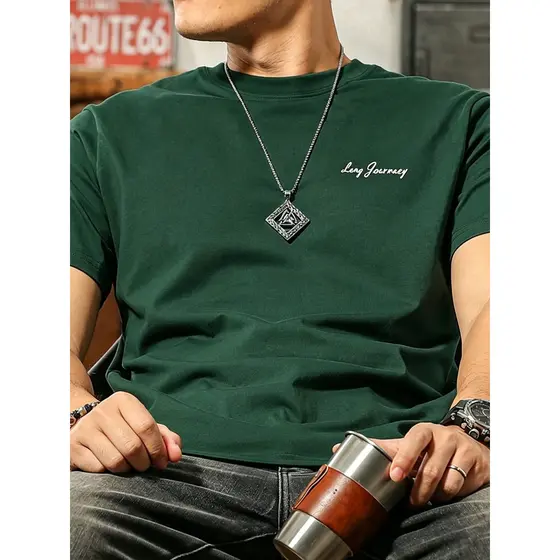 Camiseta retrô pesada americana masculina de algodão puro com gola redonda estampada de manga curta Ami Khaki camiseta C