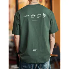 Design americano impresso algodão camiseta masculina 2026 verão novo estilo verde escuro em torno do pescoço de manga cu