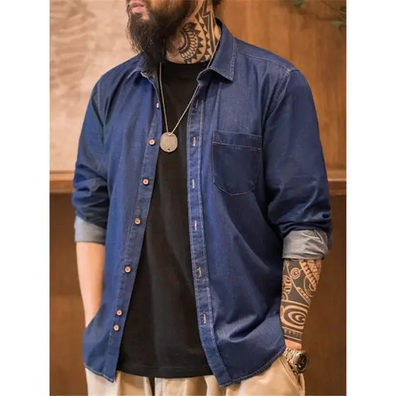 Moderno ferramentas americano Retro único bolso ferramentas denim camisa jeans Casual de manga comprida magro-ajuste cam