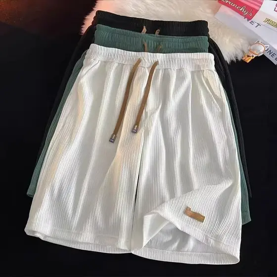 Casa calças de pijama Shorts de seda gelo masculino verão estilo fino rua Wear juventude calças esportivas solto Casual