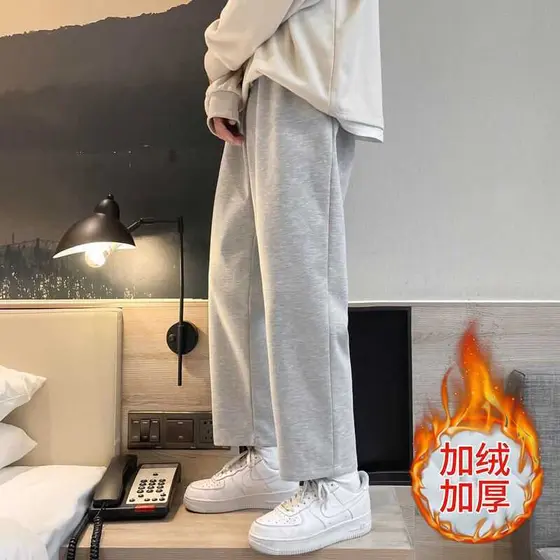 Calças esportivas cinza calças casuais masculinas outono inverno solto em linha reta versão coreana na moda calças de lã