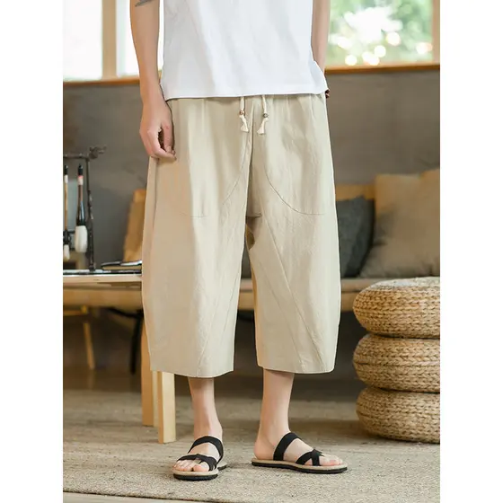 Calças cortadas masculinas verão Shorts finos de linho calças cortadas de praia masculinas casuais calças