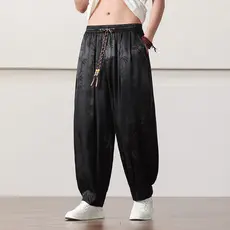 Calças casuais de seda gelo dos homens verão estilo fino Harem calças estilo chinês impresso Street Wear Tang terno torn