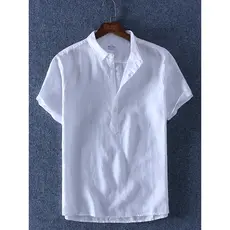 Sabaqi fino de manga curta camisa de linho puro masculina lapela camisa POLO solta Casual pulôver camisa de meia manga