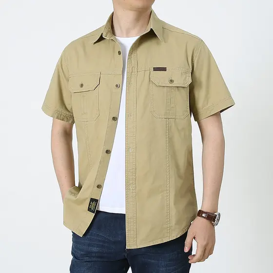 Verão novo estilo puro algodão camisa de manga curta masculina Workwear ao ar livre Casual solto camisa de algodão jaque
