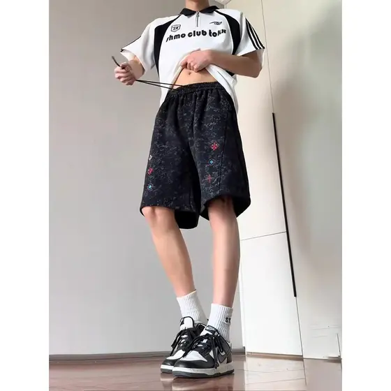 Americano Retro bordado Tie-Dye Machete Shorts masculino verão solto casual calças cortadas High street moda calças casu