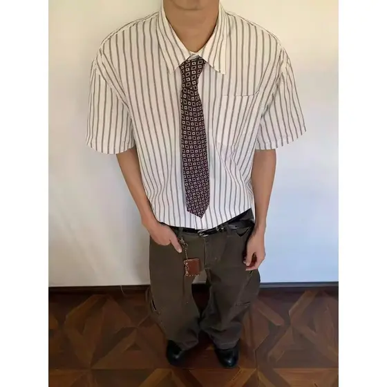 Americano Retro contraste cor listrado branco camisa de manga curta das mulheres dos homens nicho Design Casual solto es