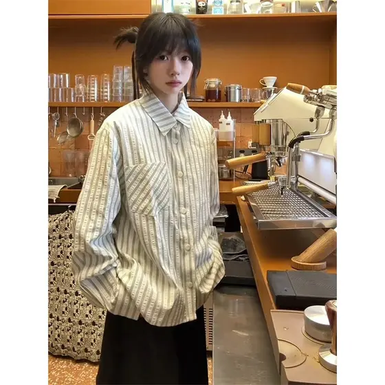 Vintage bolha listrado camisa de manga comprida das mulheres dos homens outono fino protetor solar camisa Casual All-Mat