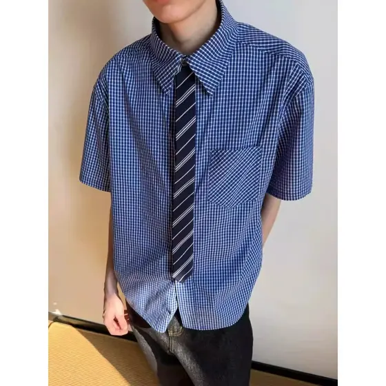 Entrega gravata estilo dinheiro antigo azul xadrez camisa de manga curta das mulheres dos homens verão novo estilo Casua
