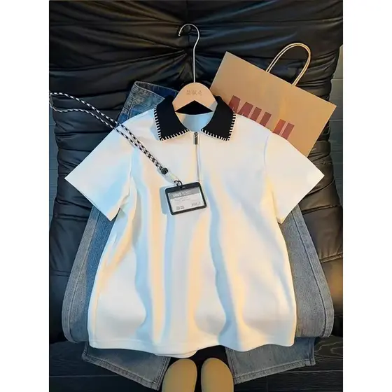 Estilo americano costura meio zíper camisa polo de manga curta masculina verão High-End estilo dinheiro antigo camiseta