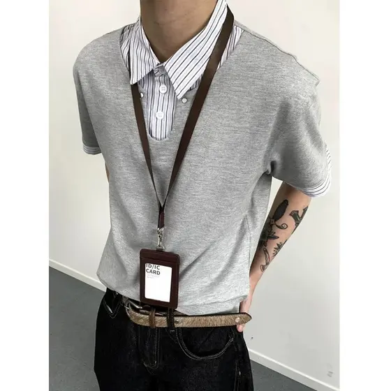 Falso de duas peças listrado contraste cor camisa Polo de manga curta das mulheres dos homens cleanfit verão novo estilo