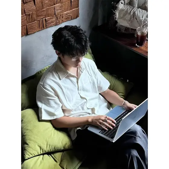 Branco Upstart estilo elegante Jacquard lapela camisa de manga curta das mulheres dos homens verão novo estilo solto All