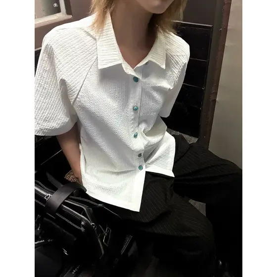 {Ocean Tears} Camisa de manga curta Textura turquesa Camisa plissada Homens Mulheres Verão Estilo Dinheiro Antigo Camisa