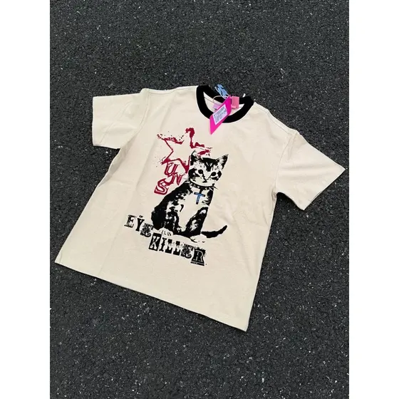 Americano Retro unissex estilo gatinho impressão em torno do pescoço de manga curta camiseta das mulheres dos homens ver
