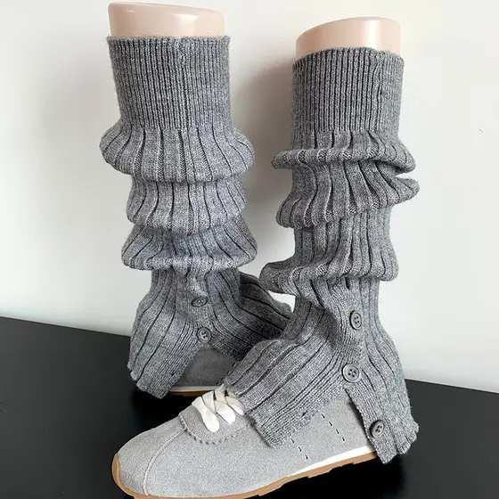 Meias meias pilha com botas cinza feminino outono inverno malha quente perna capa botão fenda jk bezerro meias mais magr