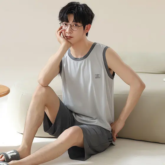 Colete Shorts pijamas masculino verão sem mangas terno estilo fino juventude solto pode usar fora Homewear masculino ver