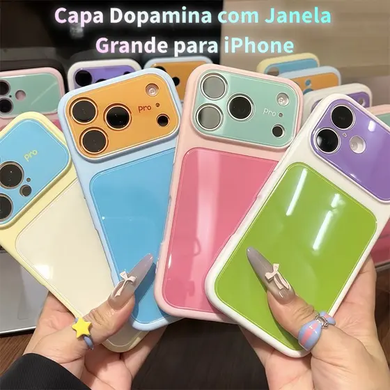 Capa De Telefone Colorida Dopamina Com Janela Grande Para iPhone 17 16 15 14 13 Pro Max Plus Acrílica À Prova De Choque