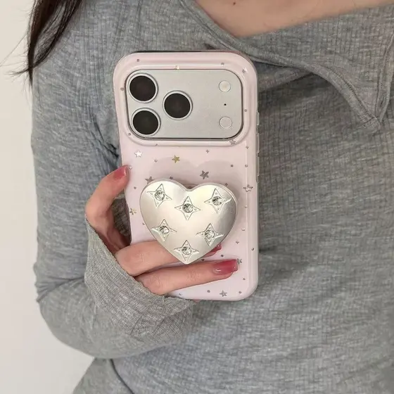 Ins Estilo Caso De Telefone Com Suporte De Coração Prateado Para iPhone 17 16 15 14 13 12 11 Pro Max Plus Bonito Capa À