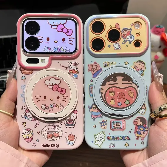 Capa De Telefone De Gato Fofo Com Suporte Giratório Para iPhone 17 16 15 14 13 12 11 Pro Max Plus Janela Grande Macia À