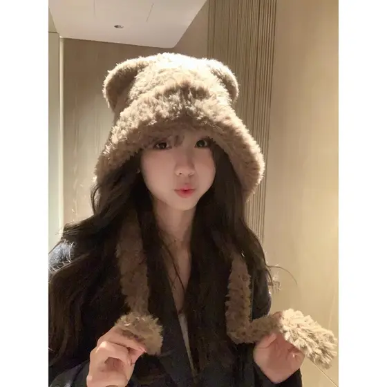 Chapéu feminino 2025 novo estilo outono inverno bonito urso de pelúcia chapéu de orelha quente proteção de ouvido grande