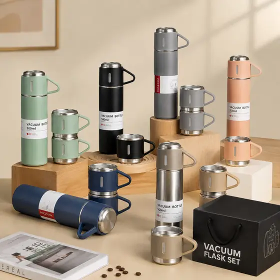 Kit Garrafa Térmica Vacuum Bottle Inox 500ml + 3 Xícaras Bebidas Fria ou Quente