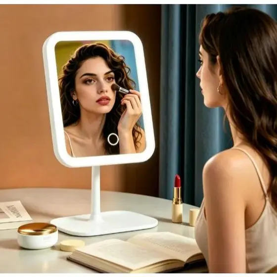 Espelho de Mesa LED Touch 3 Cores com Base Organizadora
