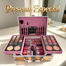 Maleta Completa de Maquiagem 23x17cm Rosa ou Dourado Kit Profissional Sombras Blush Batom Pincéis Presente Feminino