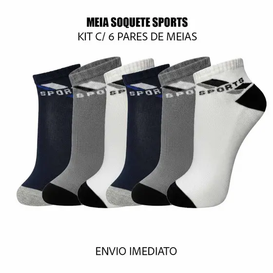 Kit 6 pares de meias soquetes modelo Sports originais