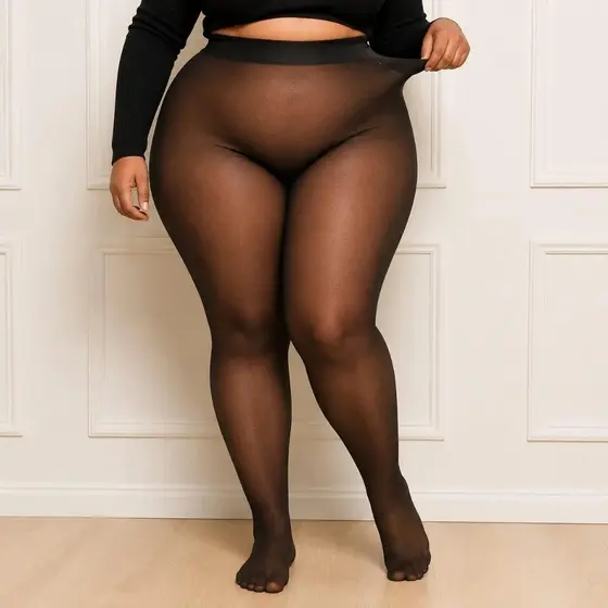 Meia calça feminina plus size preta translúcida com pelúcia interna. Meia calça cor da pele.