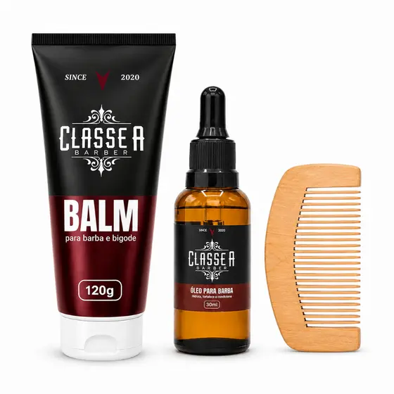 Kit Cuidados Para Barba Óleo 120g Balm 30ml Pente Madeira Classe A Barber Barba Macia