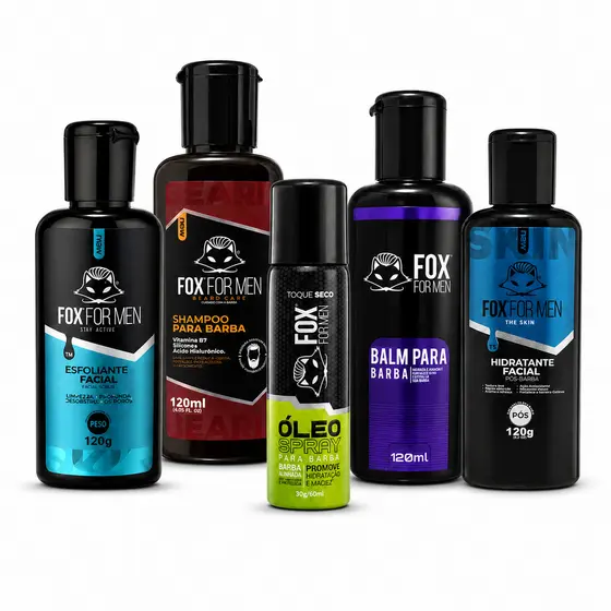 Kit Barba Shampoo Balm Óleo Esfoliante Pós Barba Masculino 5 em 1 Fox For Men Macia Sem Frizz
