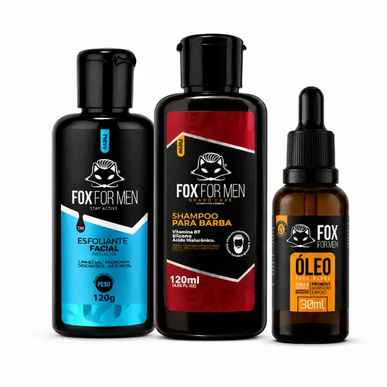 Kit Shampoo para Barba 120ml + Esfoliante Pré Barba 120g + Óleo 30ml Fox For Men Brilho Natural