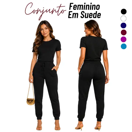 Conjunto Feminino Malha Suede Light Calça Jogger Blusa Feminina Casual Confortável Premium Virginia