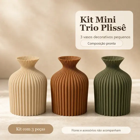 Kit Mini Trio Plissê 3 Vasos Decorativos Pequenos Cachepot Moderno Para Sala Aparador