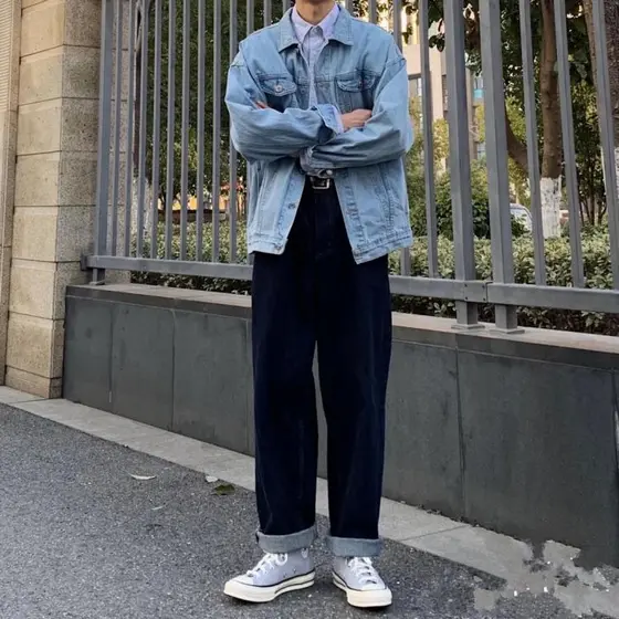 Ombros caídos soltos!Primavera novo estilo masculino feminino moda estilo na moda simples All-Match Casual lavado Denim