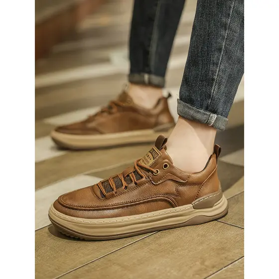 Juventude diária sapatos de couro Casual masculino couro genuíno rendas sola grossa resistente ao desgaste sola macia le