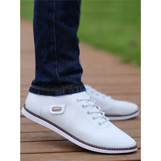 Sapatos de couro masculino branco couro macio outono novo estilo respirável sola macia versão coreana britânica na moda