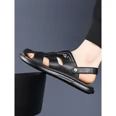 Sandálias de couro genuíno masculinas verão respirável Toe-coberto Casual oco sola macia sandálias de duas peças chinelo
