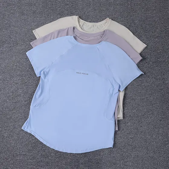 Nude sentir gaze costura Yoga wear manga curta esportes camiseta em torno do pescoço Fitness wear apertado de secagem rá